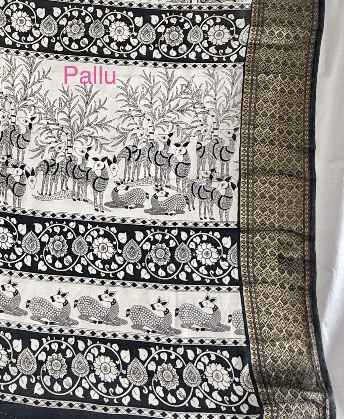 Black & White Printed Tussar Silk Saree with Rich Pallu