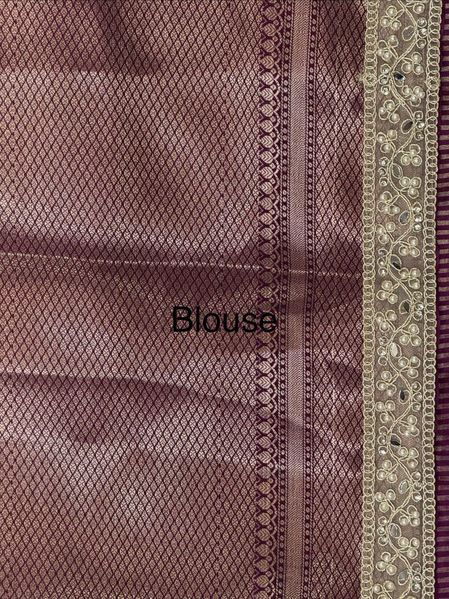 Dark Magenta Purple Banarasi Soft Tissue Silk Saree with Stripe Weaving & Designer Pearl Lace Border