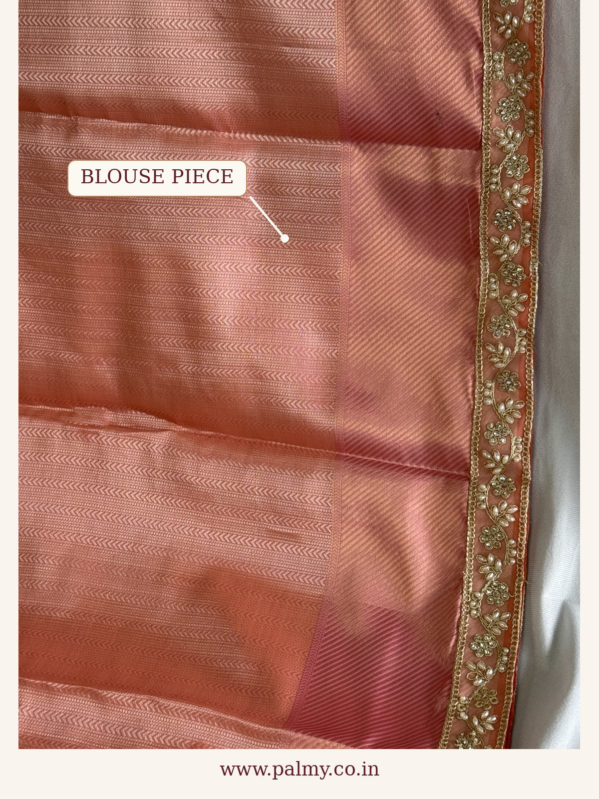Peach Pink Banarasi Half Tissue Silk Saree with Zari Pallu & Gota Patti Border