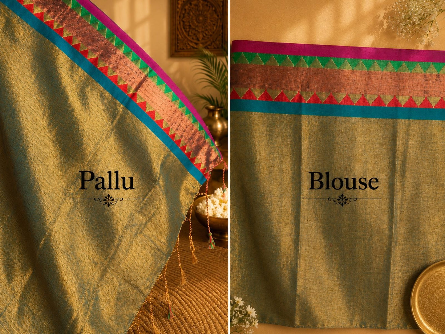 Olive Green Gold Soft Tissue Jacquard Saree with Multicolor Temple Border