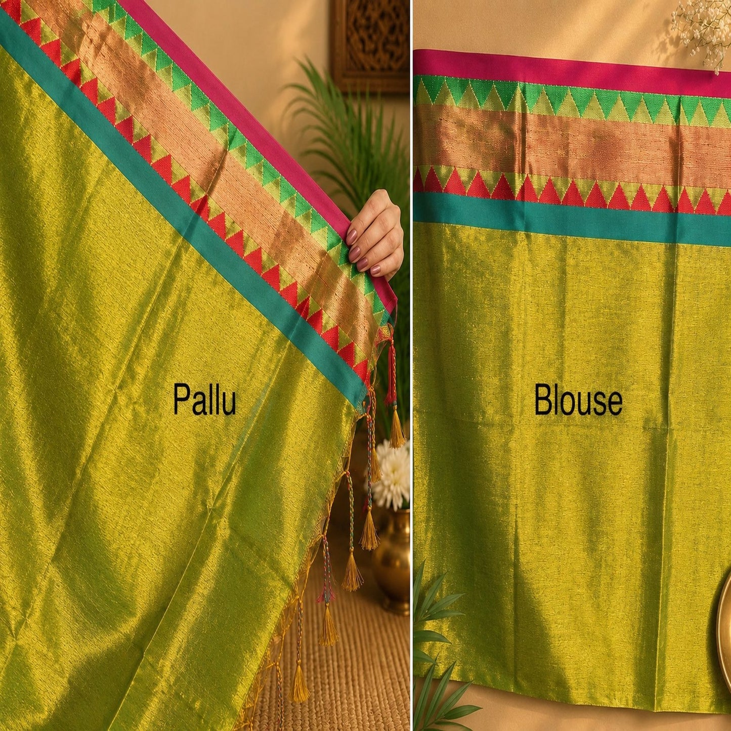 Parrot Green Gold Soft Tissue Jacquard Saree with Multicolor Temple Border