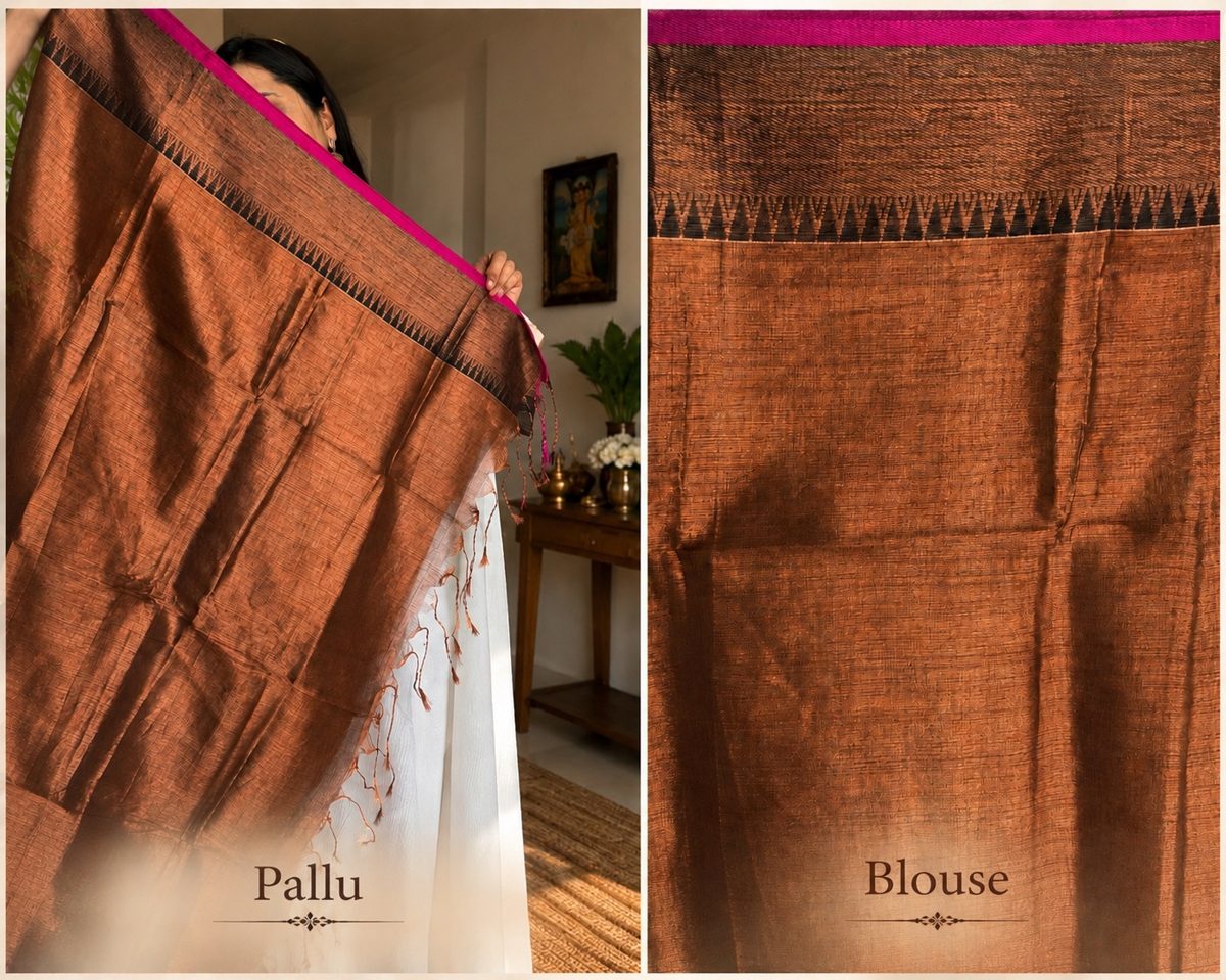Copper Brown Gold Tissue Saree with Rani Pink Jacquard Temple Border
