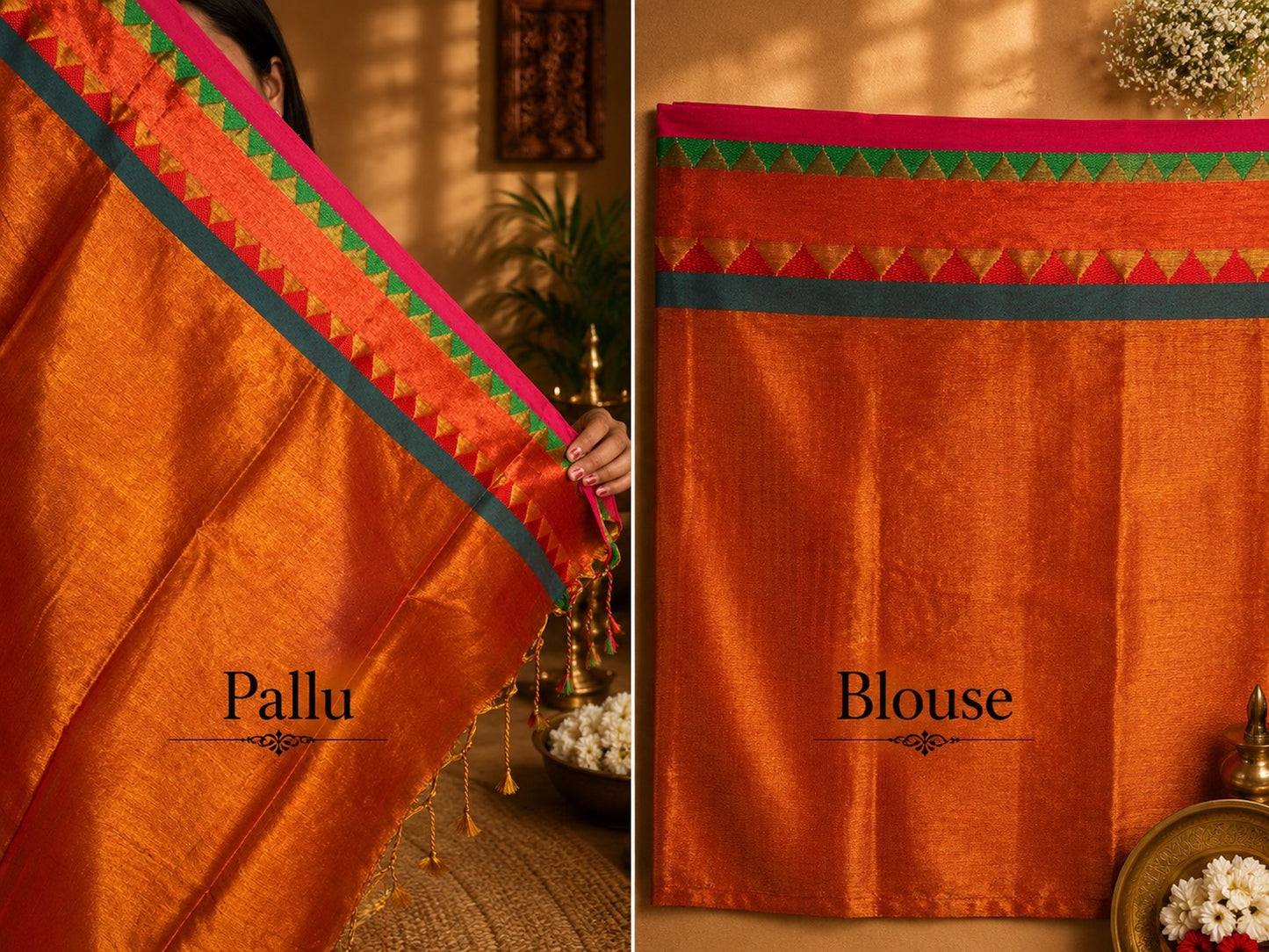Copper Orange Soft Tissue Jacquard Saree with Multicolor Temple Border