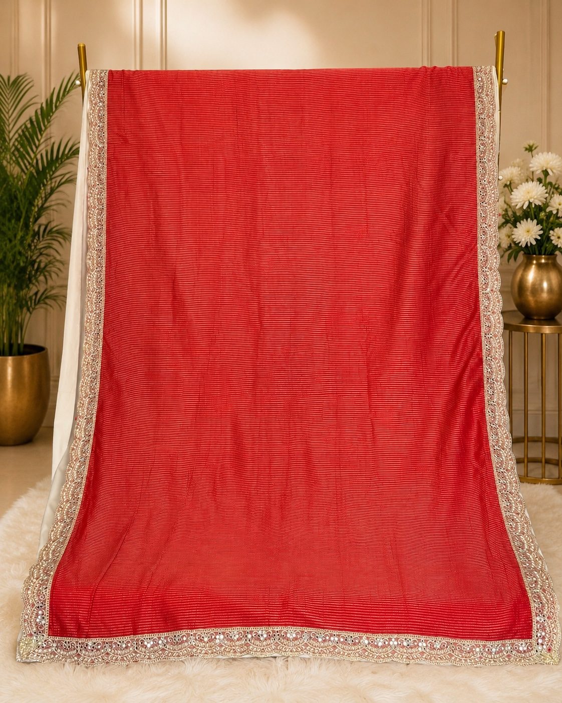 Vermilion Red Banarasi Soft Tissue Silk Saree with Stripe Weaving & Designer Pearl Lace Border