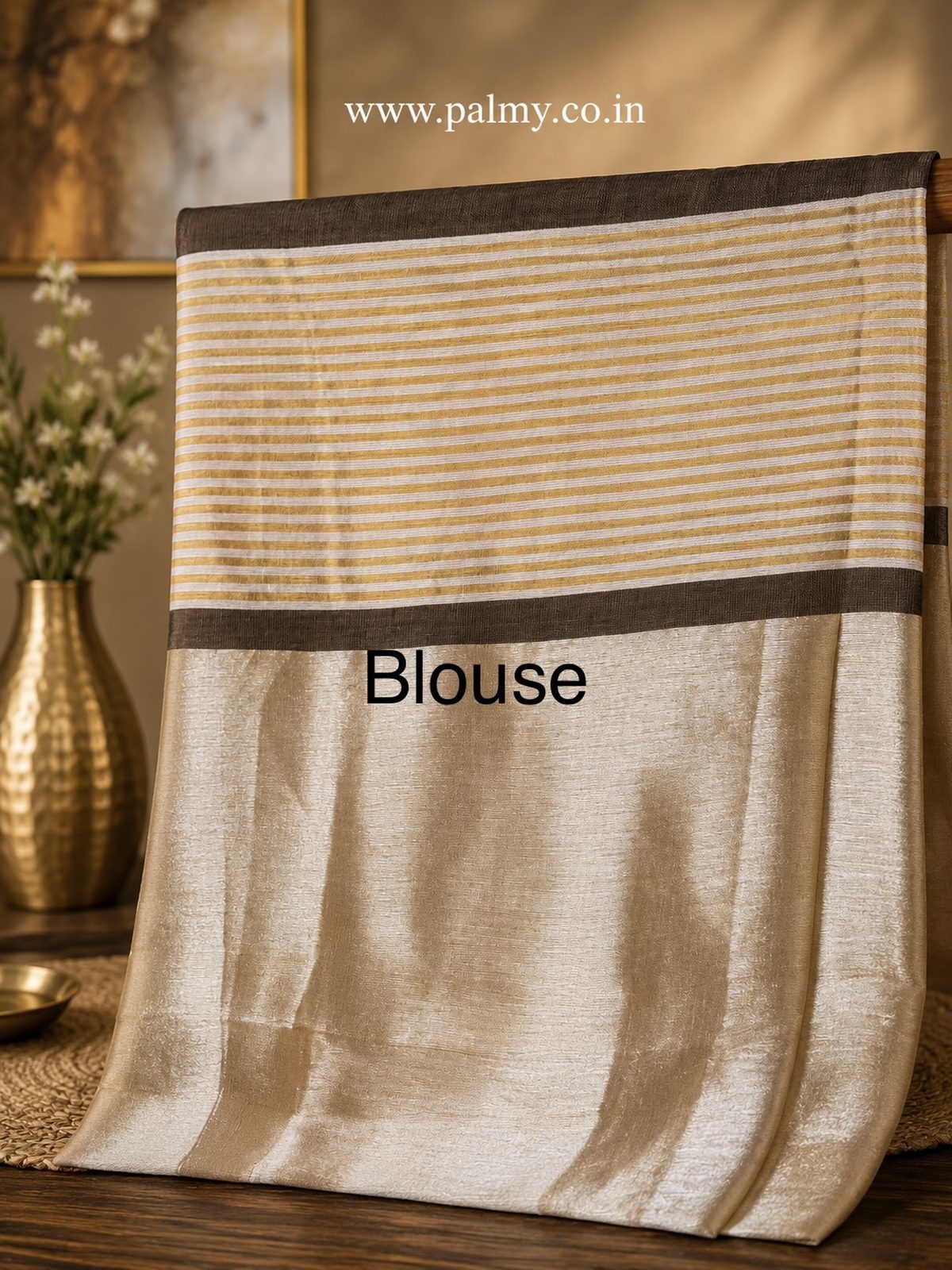 Champagne Gold Plain Tissue Cotton Saree with Coffee Brown Border & Tassels