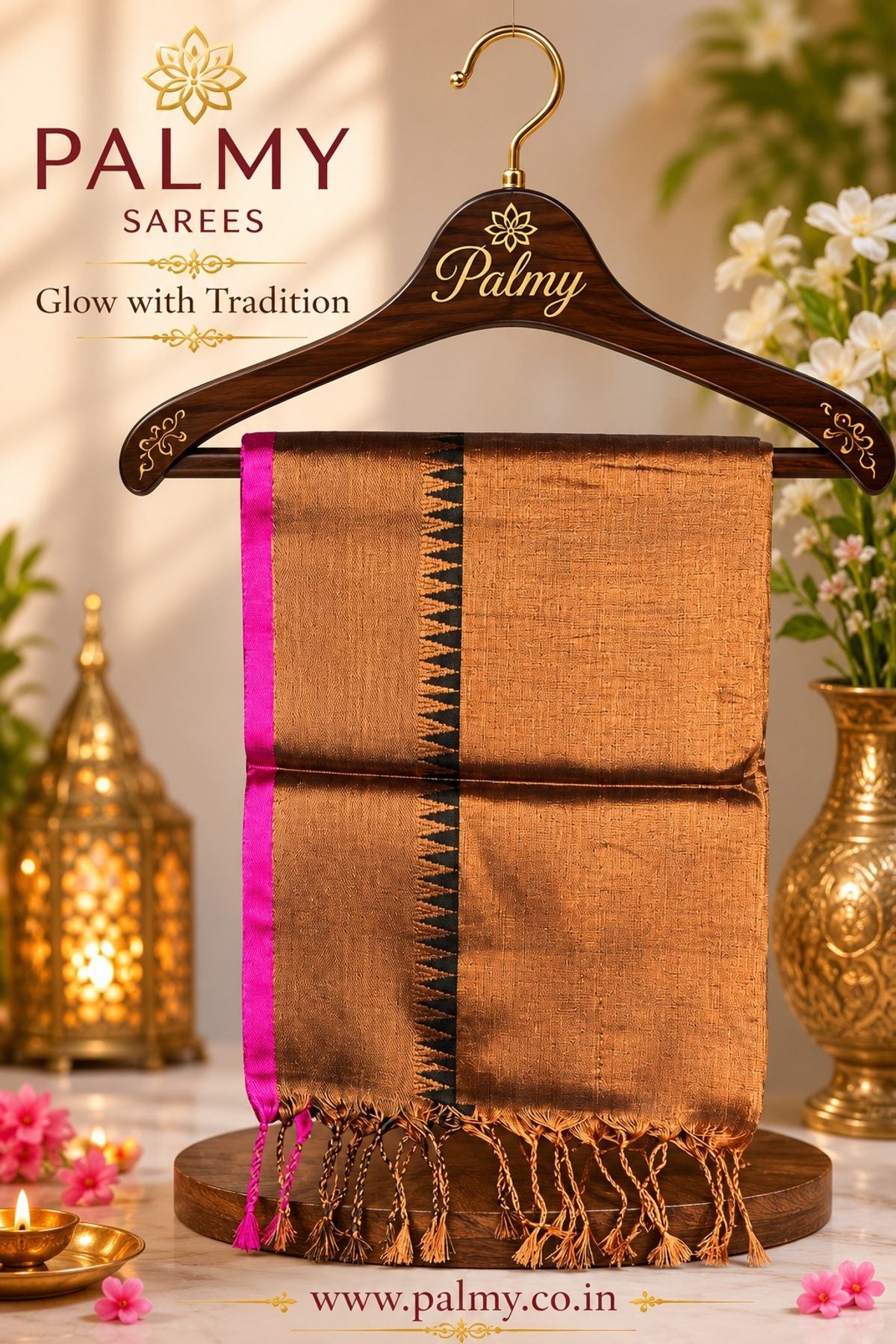 Antique Bronze Gold Tissue Saree with Rani Pink Jacquard Temple Border