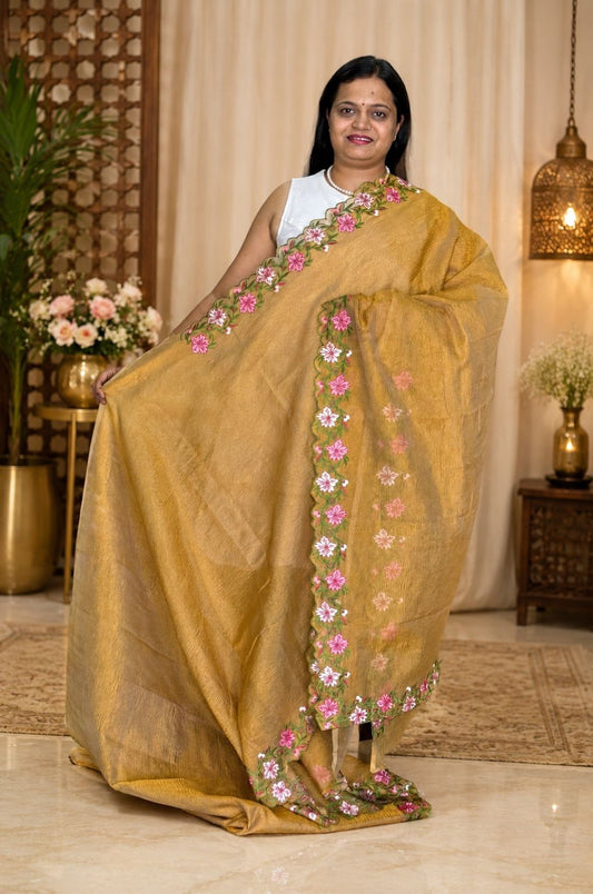 Antique Gold Plain Banarasi Crushed Tissue Silk Saree with Floral Cutwork Border