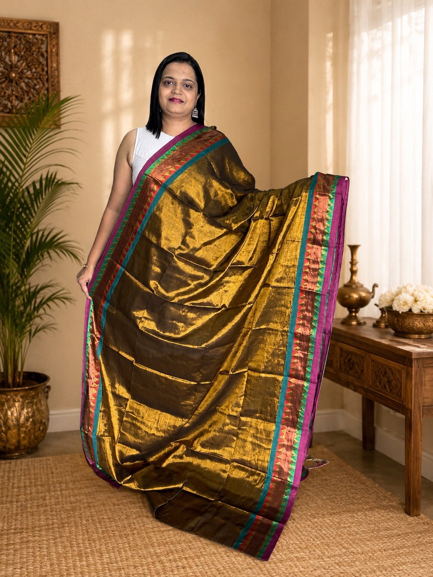 Antique Gold Soft Tissue Jacquard  Saree Party Wear