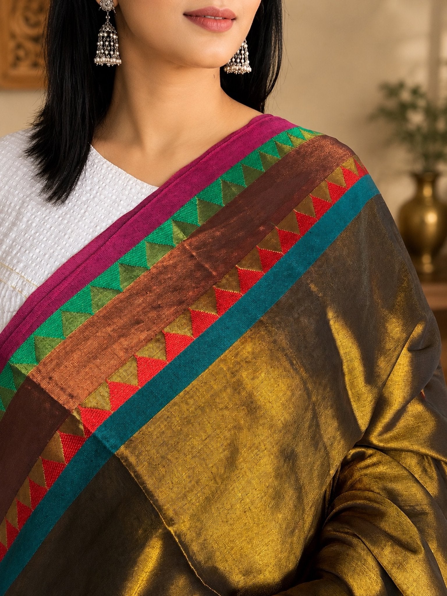 Antique Gold Soft Tissue Jacquard  Saree Party Wear Festive Wear
