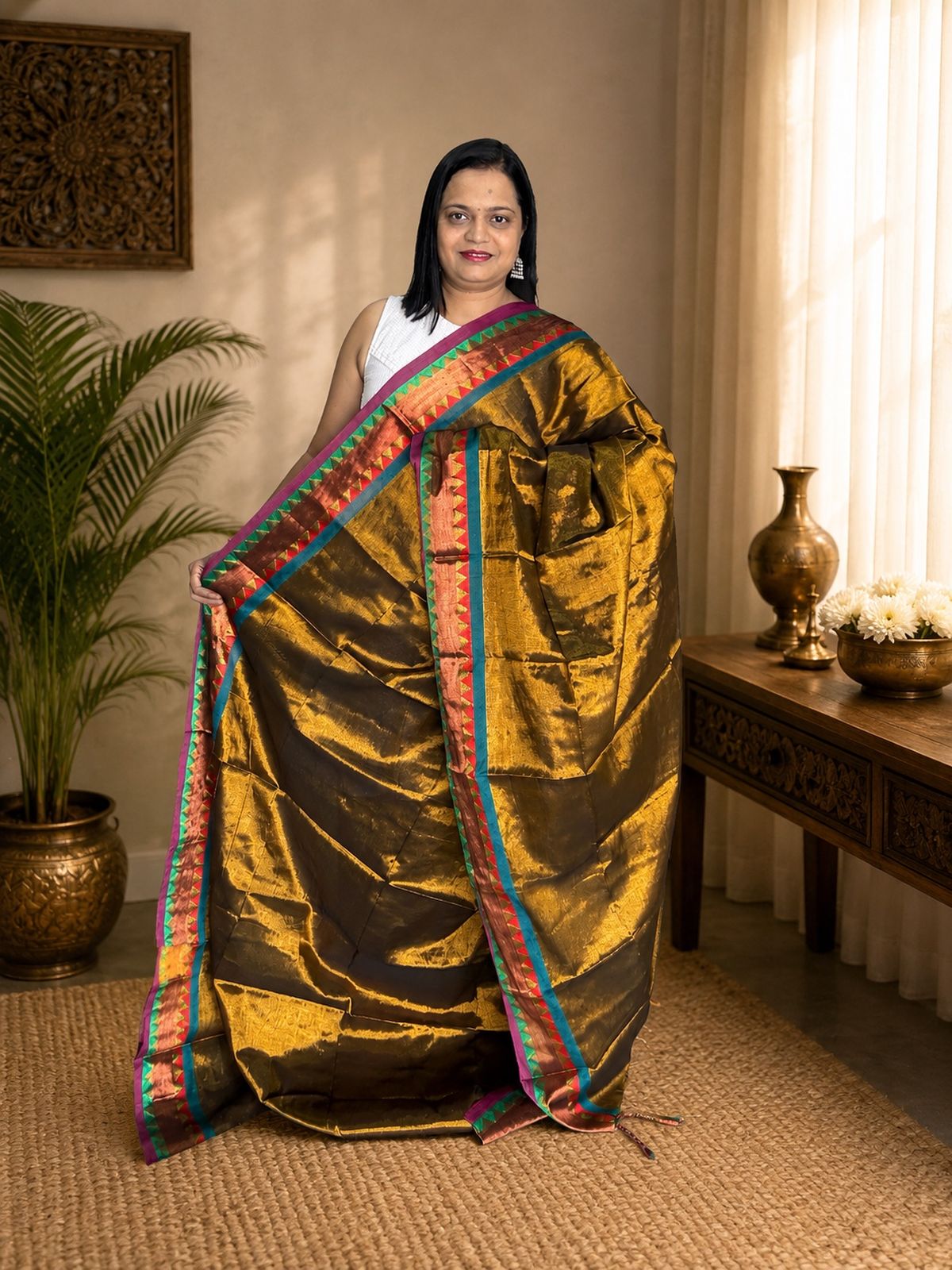 Antique Gold Soft Tissue Jacquard Saree with Multicolor Temple Border