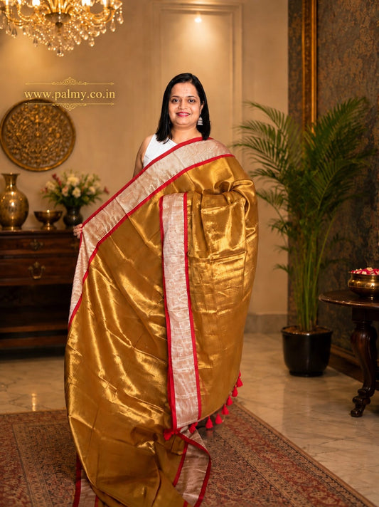 Antique Gold Tissue Cotton Saree with Red Border Palmy Sarees