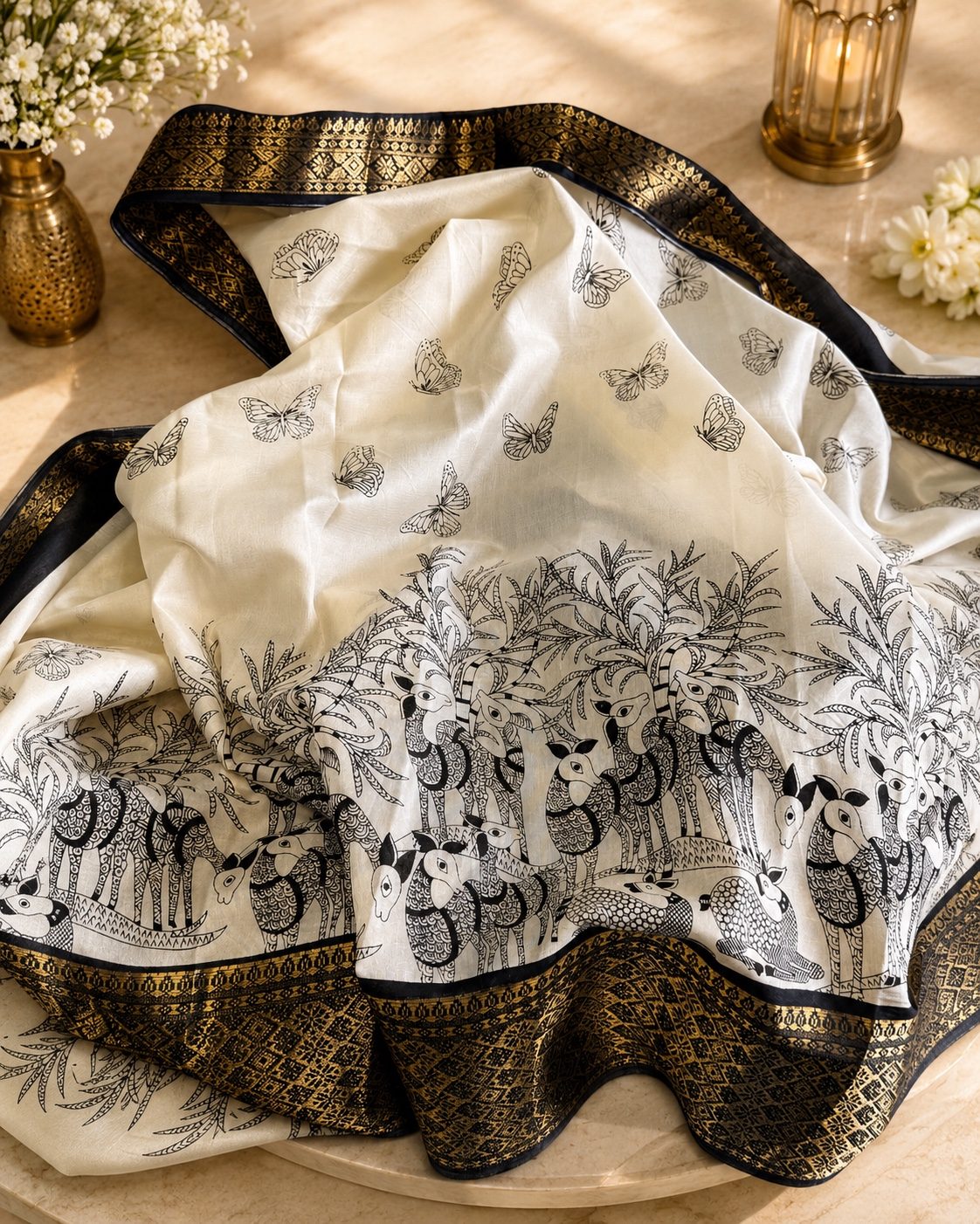 Black & White Printed Tussar Silk Saree with Rich Pallu
