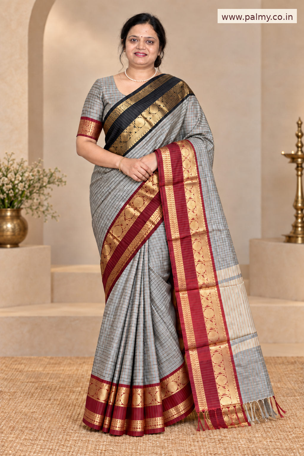 Banarasi Soft Silk Ganga Jamuna Checks Pattu Saree – Grey, Maroon & Black