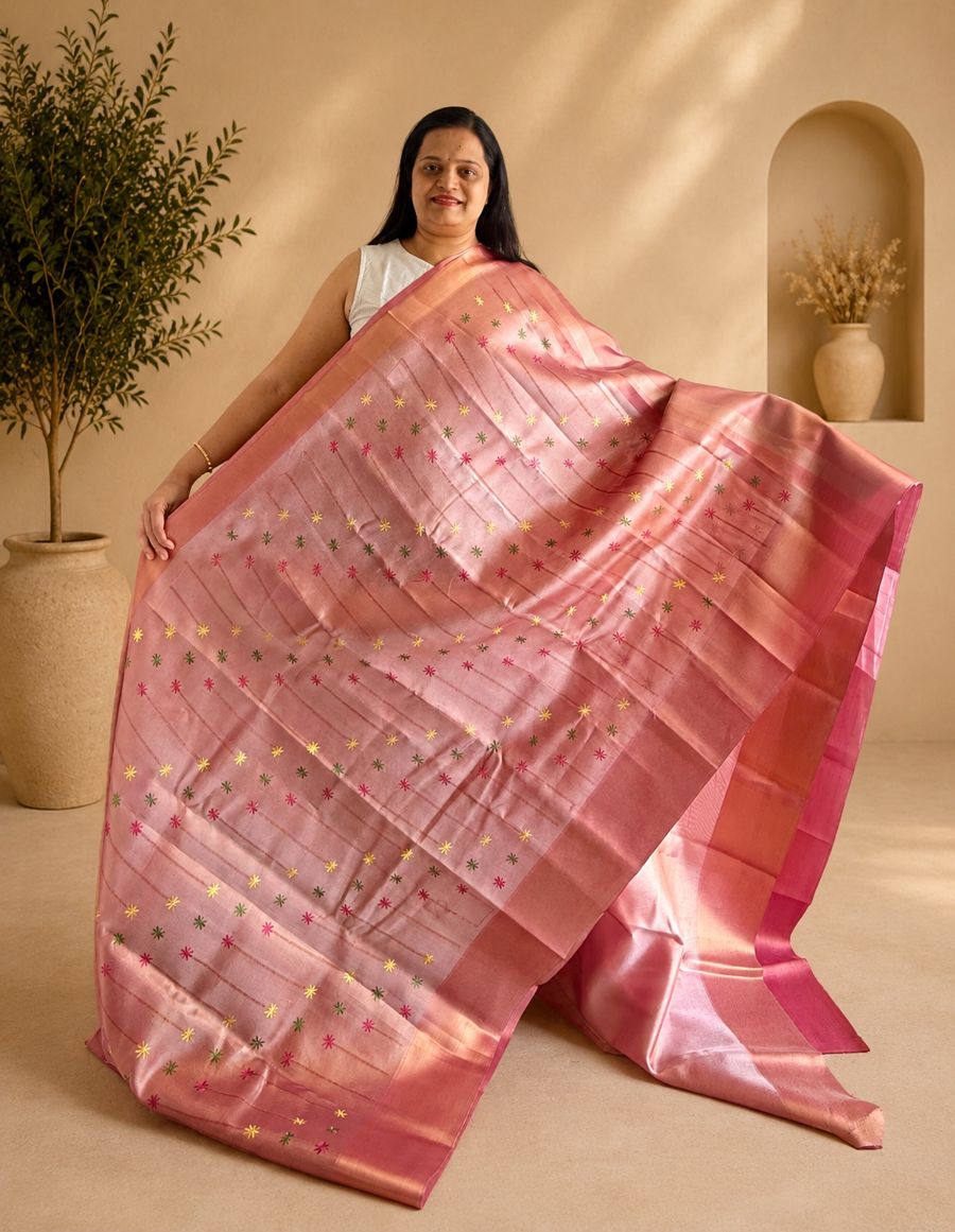 Dual Tone Pink Banarasi Tissue Tanchui Silk Saree with Embroidery Work