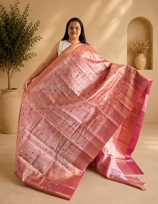 Dual Tone Pink Banarasi Tissue Tanchui Silk Saree with Embroidery Work