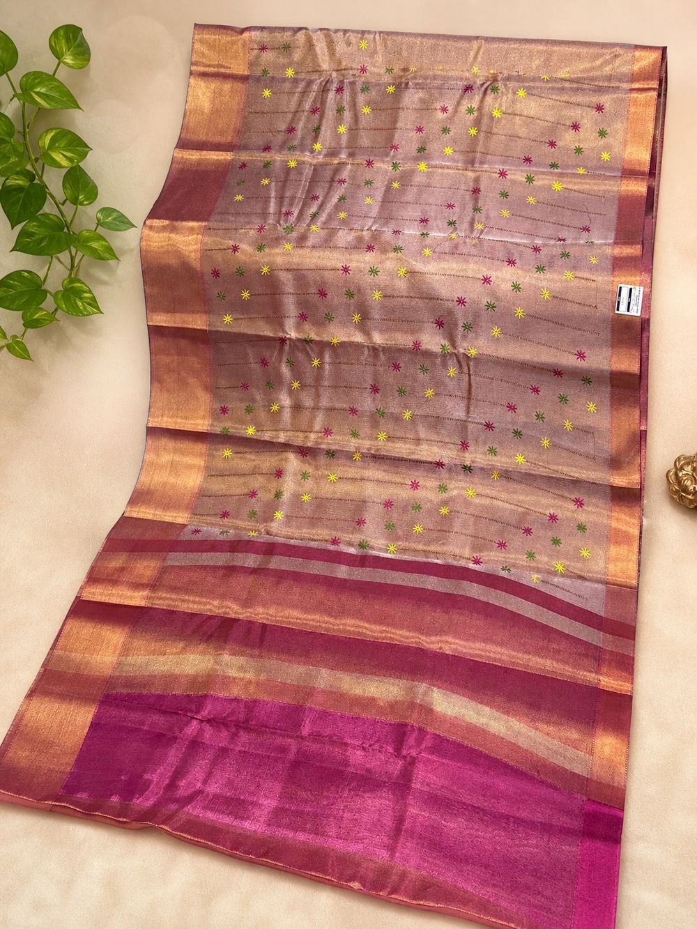 Dual Tone Pink Banarasi Tissue Tanchui Silk Saree with Embroidery Work
