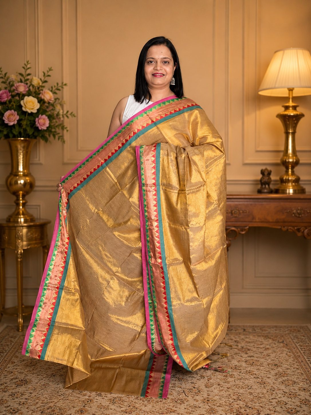 Beige Gold Soft Tissue Jacquard Saree with Multicolor Temple Border
