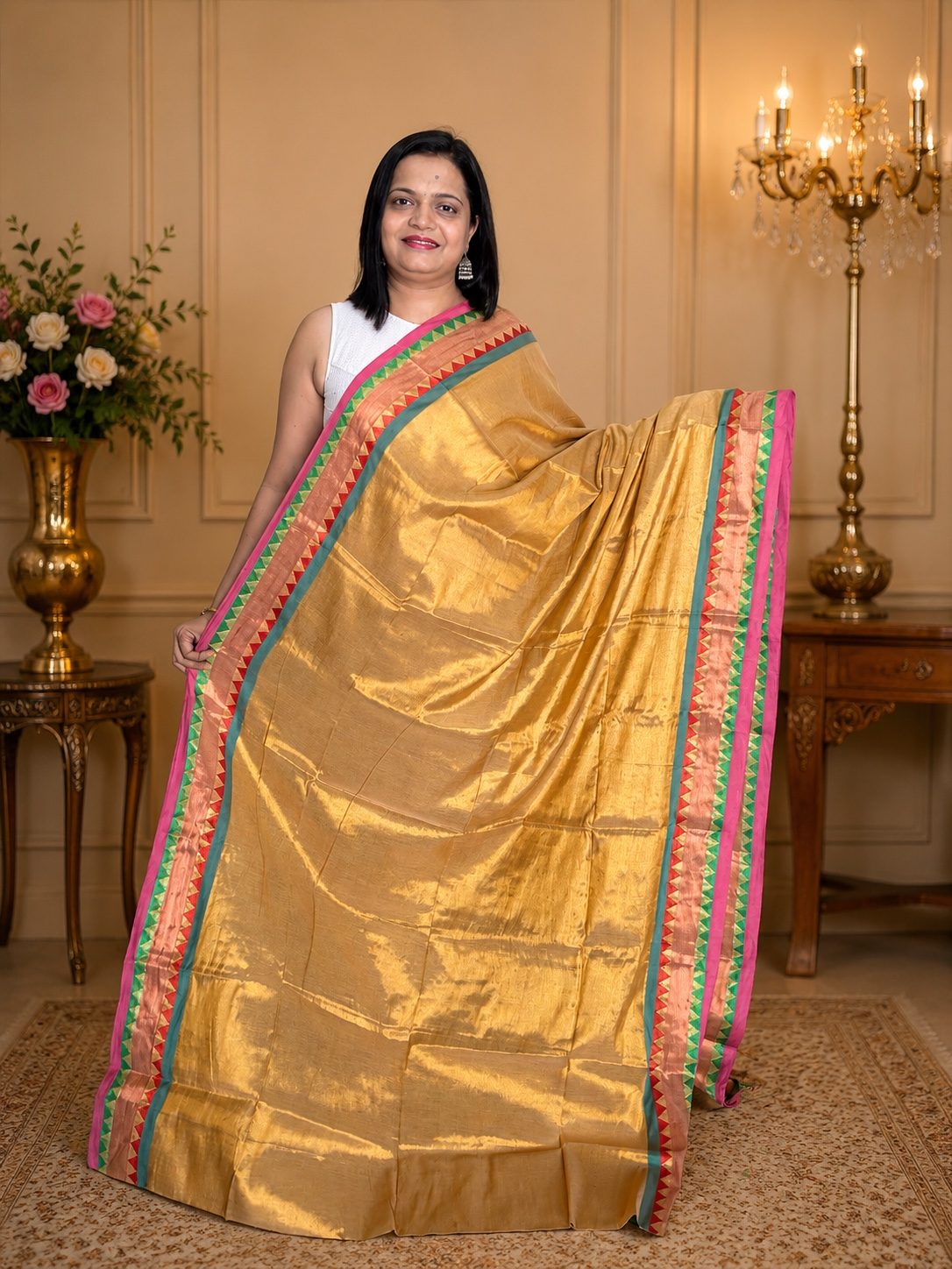 Beige Gold Soft Tissue Jacquard Saree with Temple Border