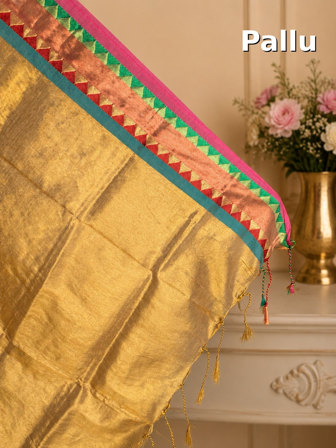 Beige Gold Soft Tissue Jacquard Saree with Temple Border  Festive Wear