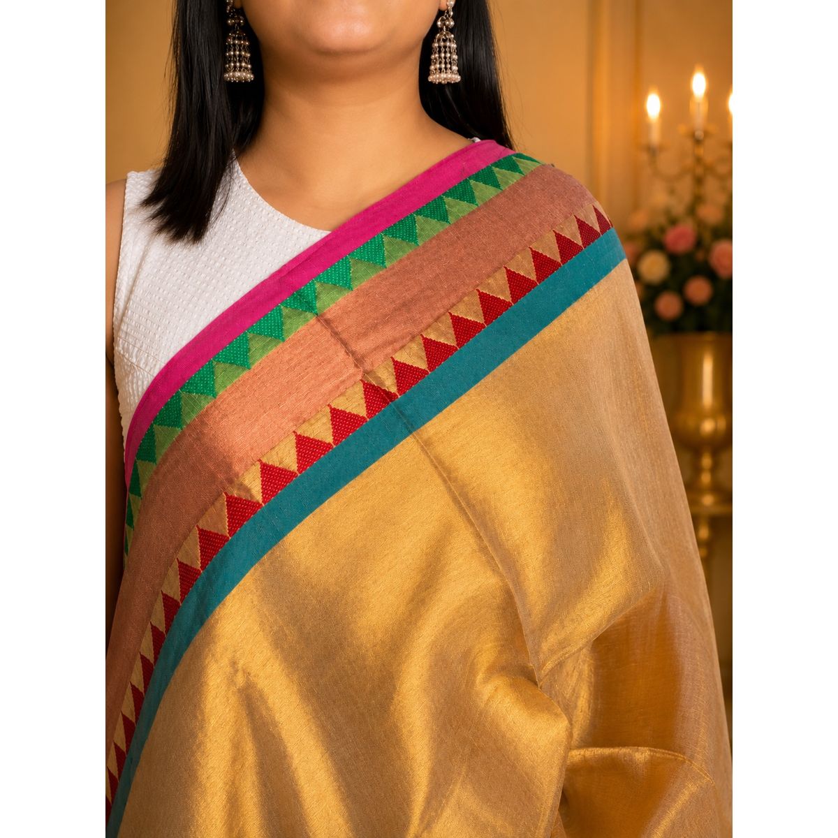 Beige Gold Soft Tissue Jacquard Saree with Temple Border Party Wear Saree