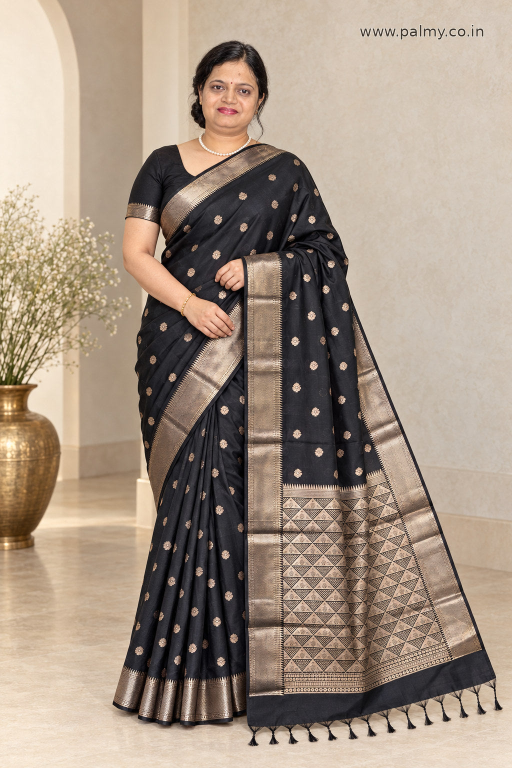 Black Banarasi Semi Katan Silk Saree with Gold Buttas & Designer Pallu