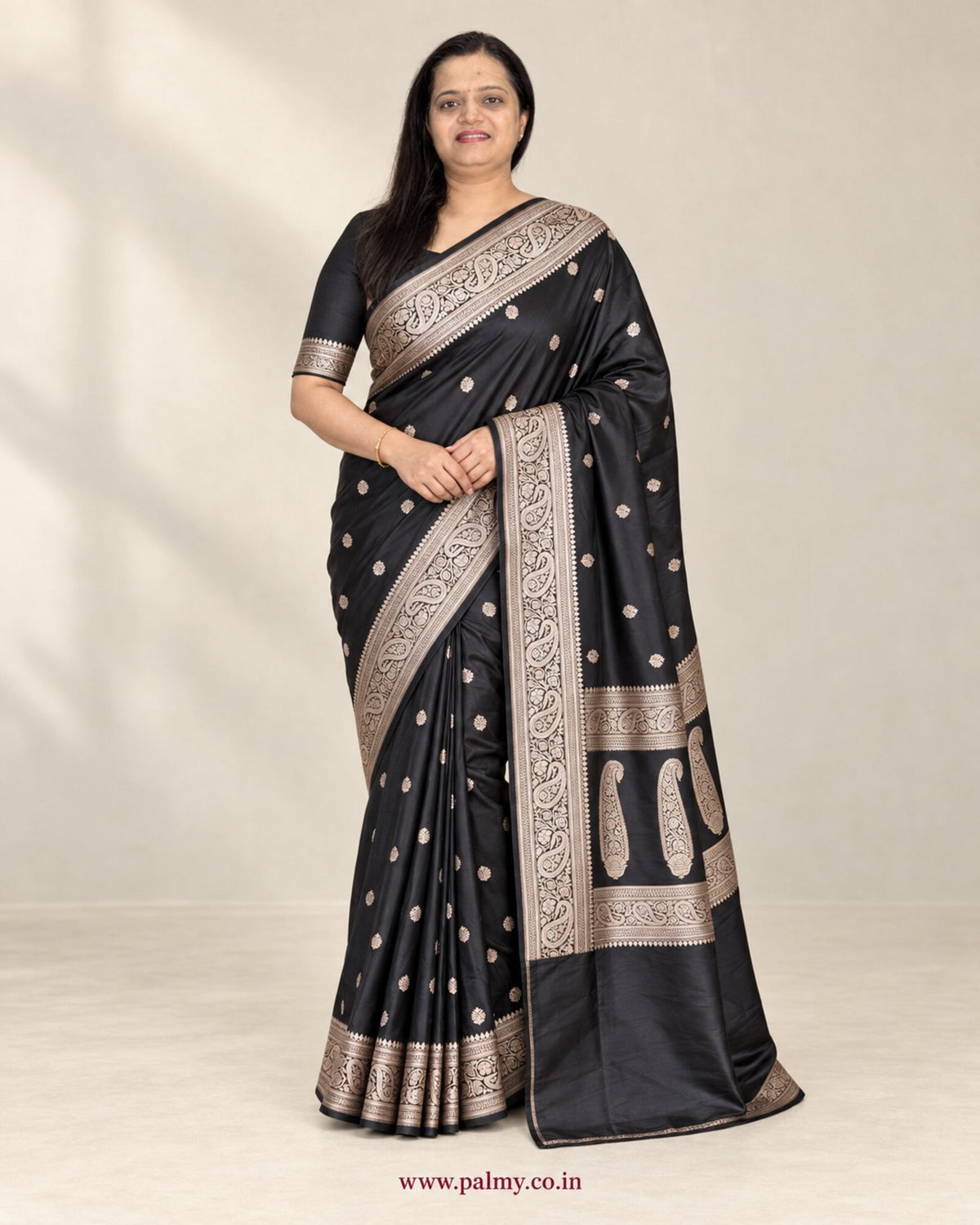 Black Banarasi Soft Mashru Silk Woven Saree with Paisley Border