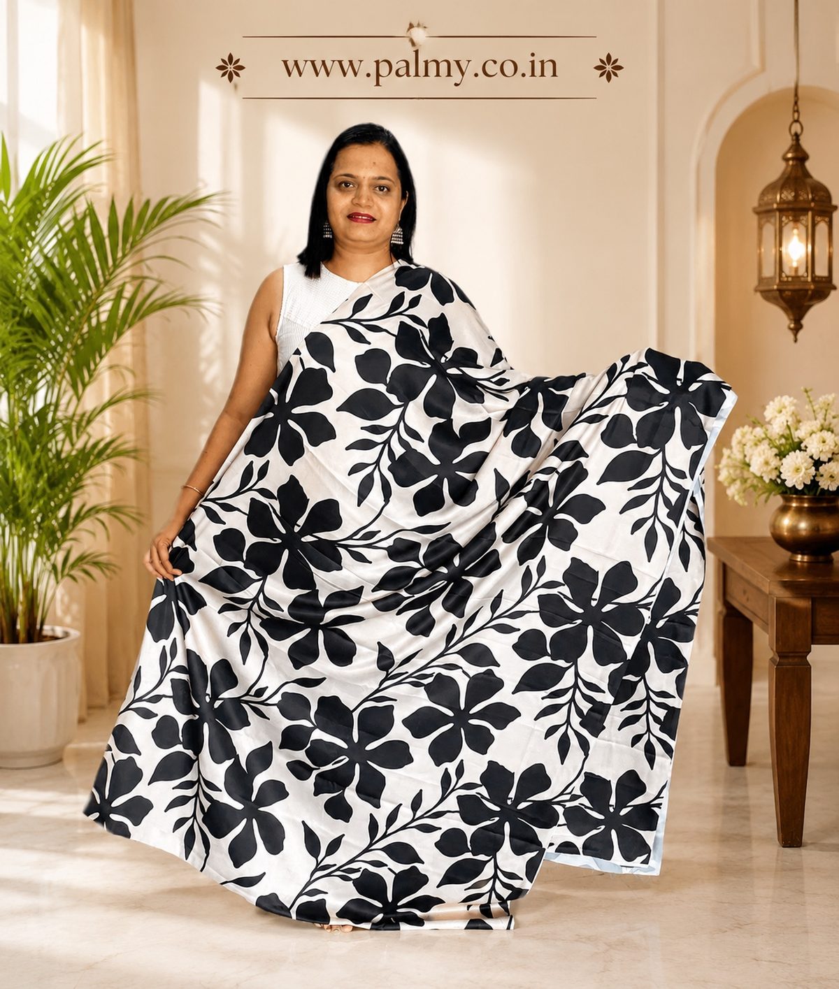Black Floral Print Saree
