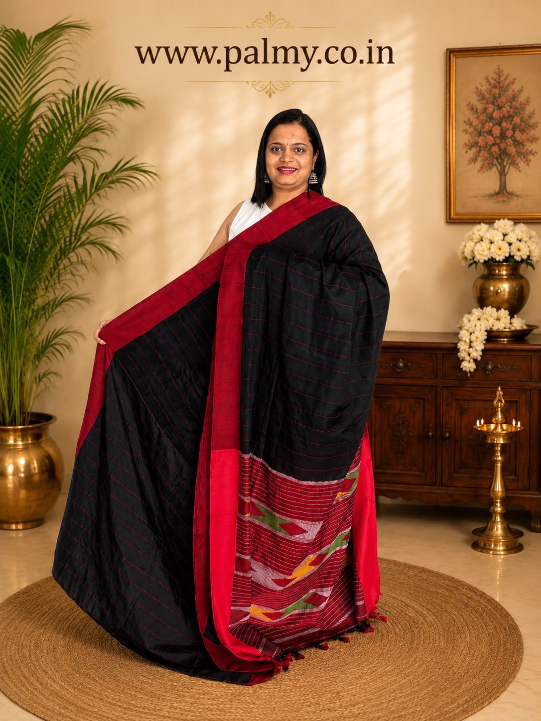 Black Pure Cotton Handloom Chatai Kantha Stitch Hand Jamdani Saree with Contrast Red Blouse Piece Palmy Sarees