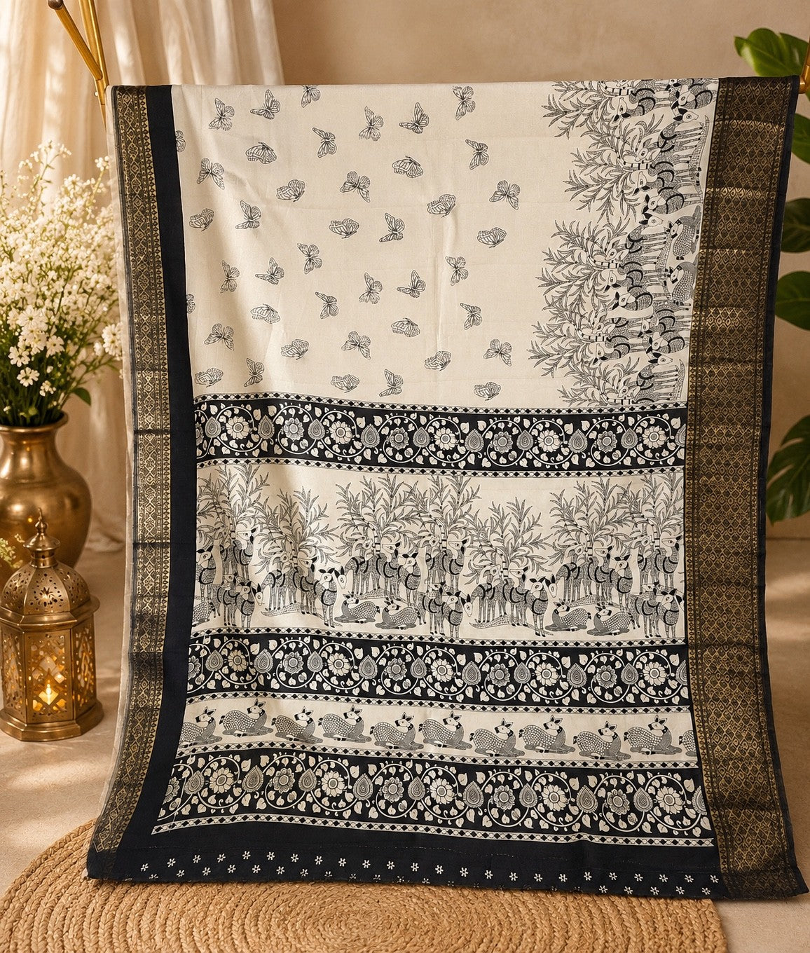 Black & White Printed Tussar Silk Saree with Rich Pallu