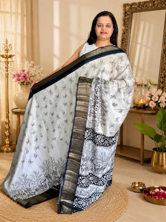 Black & White Printed Tussar Silk Saree with Rich Pallu