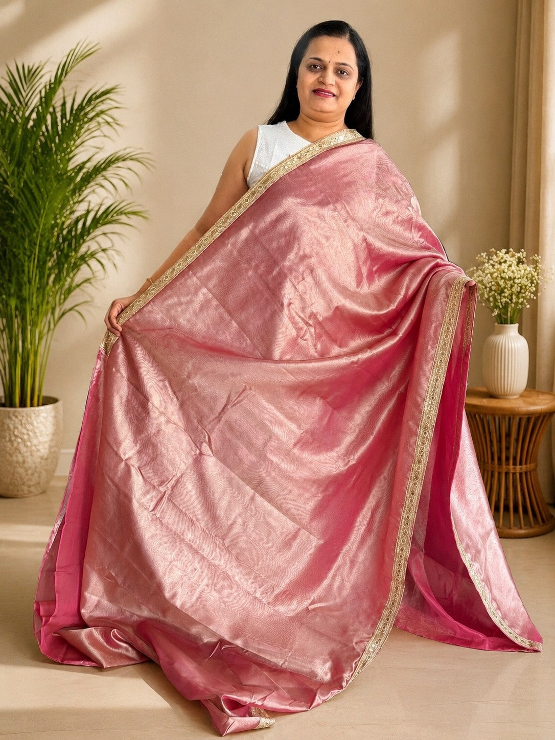 Blush Pink Dual Tone Banarasi Tissue Silk Saree with Gota Patti Lace Border