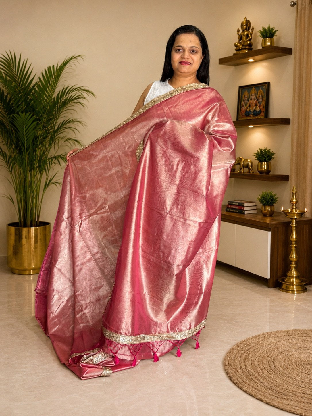 Blush Pink Dual Tone Banarasi Tissue Silk Saree with Gota Patti Lace Border