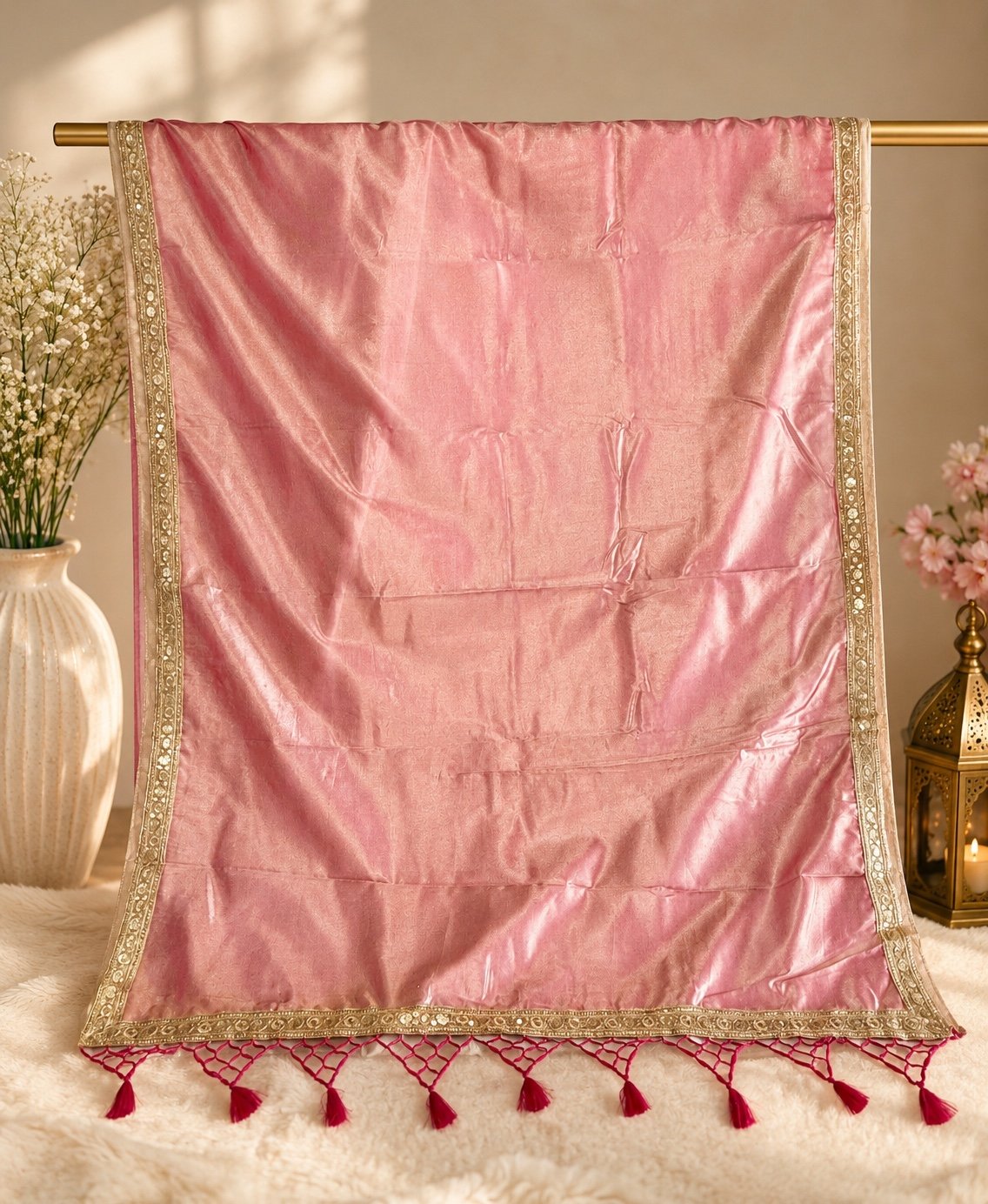 Blush Pink Dual Tone Banarasi Tissue Silk Saree with Gota Patti Lace Border