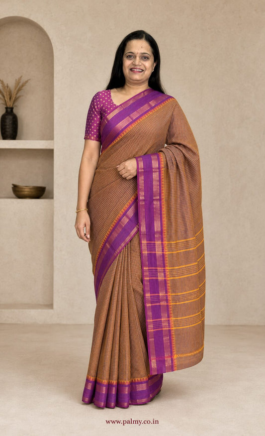 Bronze Colour Pure Chettinad 80 Count Cotton Saree with Magenta Purple Border & 2 Blouses