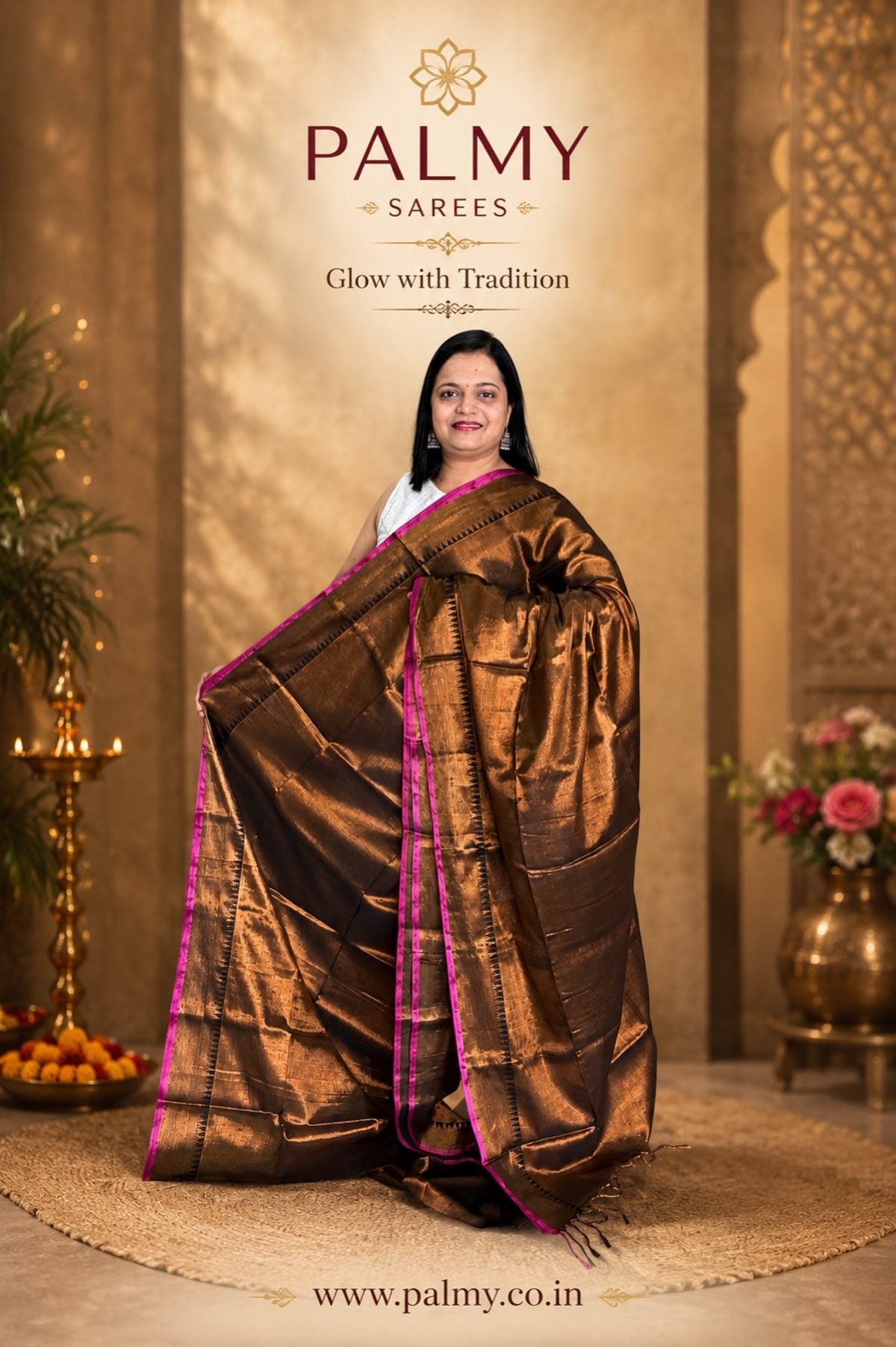 Brown Temple Border Plain Saree