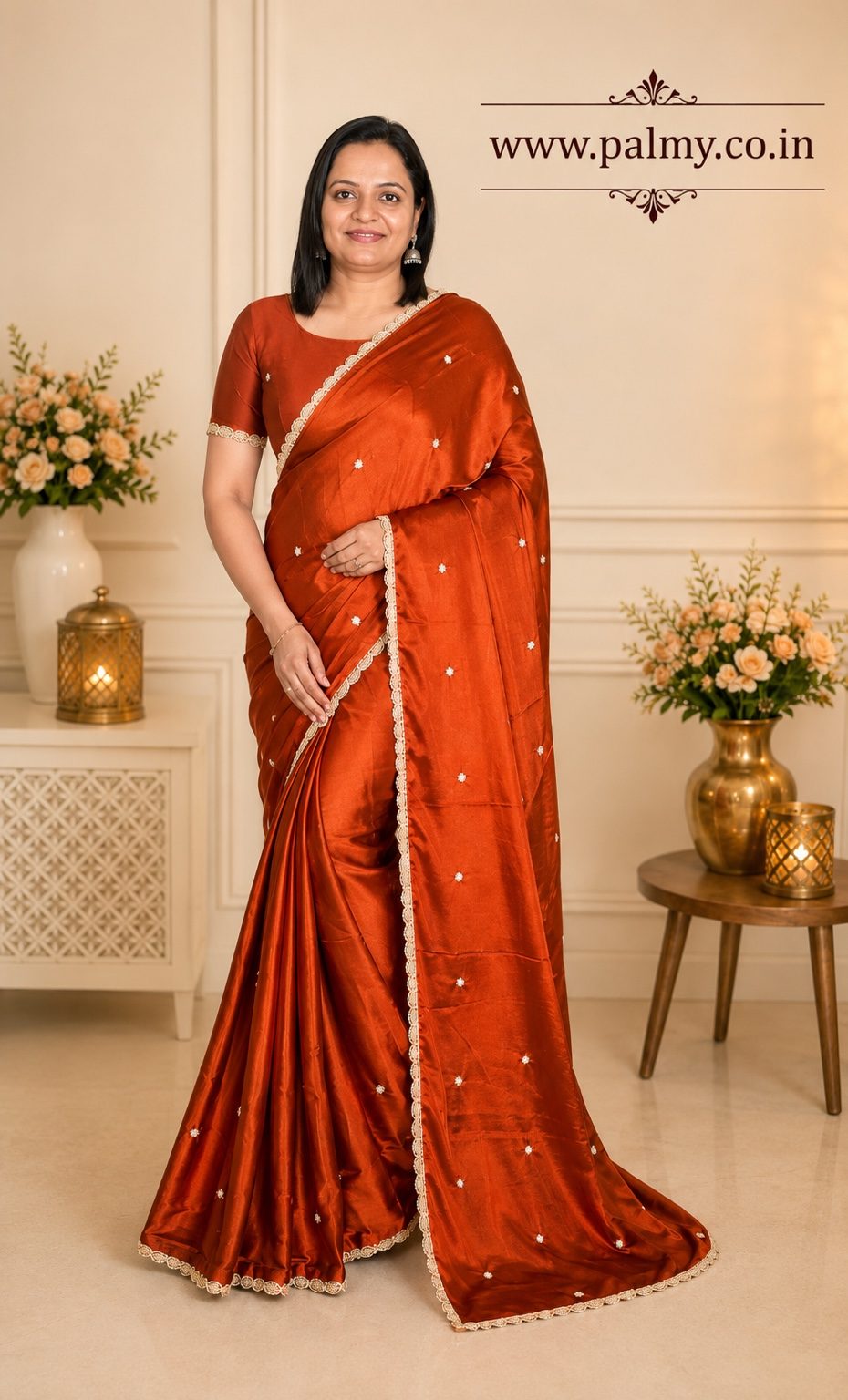 Burnt Copper Rangoli Silk Party Wear Saree with Sequin Work
