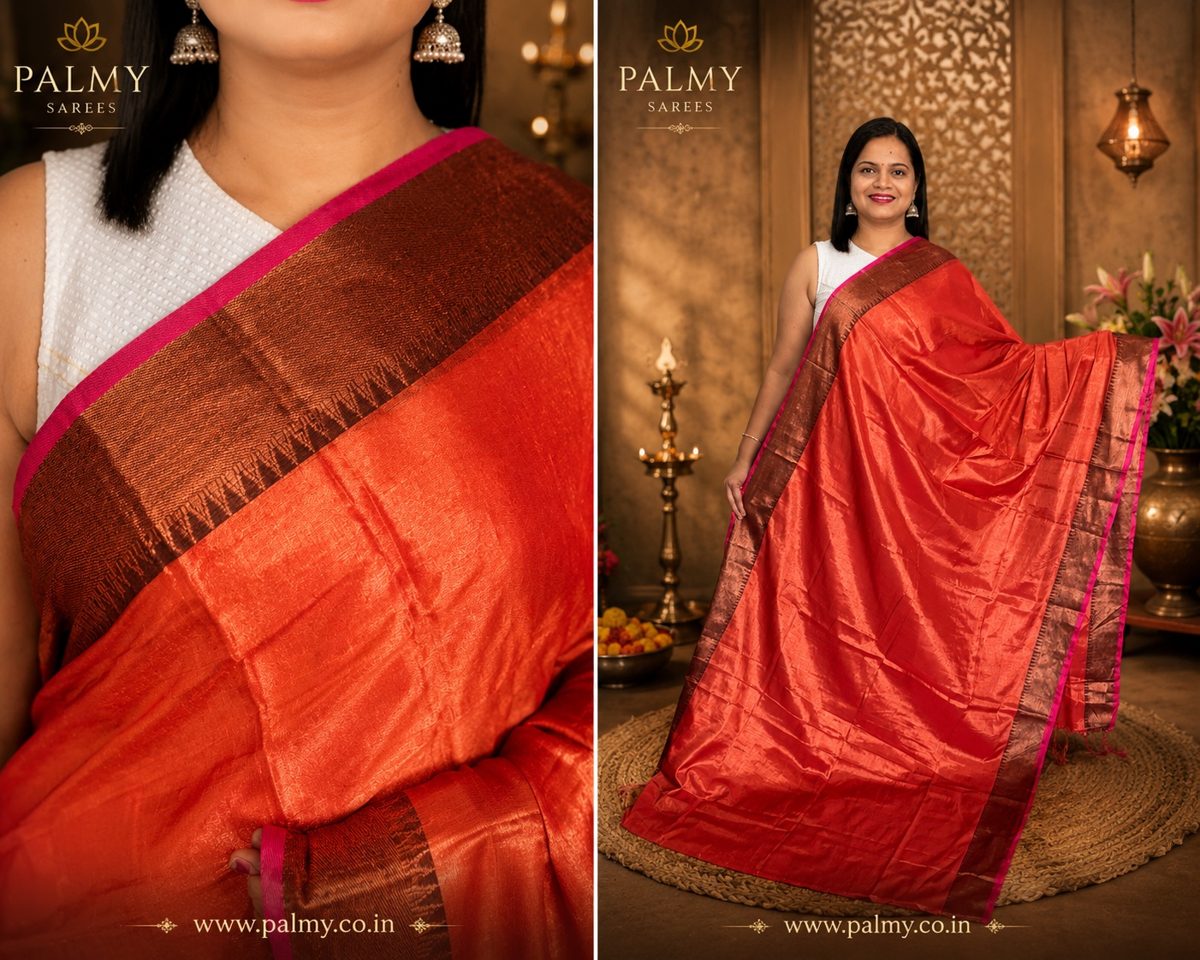 Burnt Orange Gold Tissue Saree Temple Border