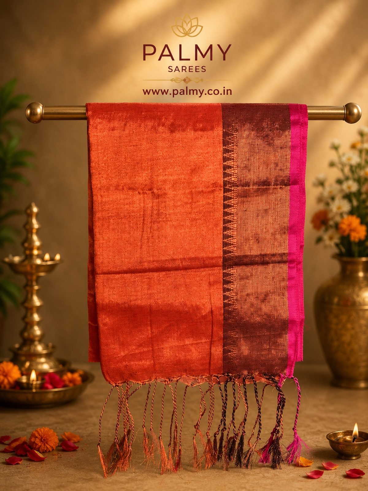 Burnt Orange Gold Tissue Saree with Rani Pink Jacquard Temple Border