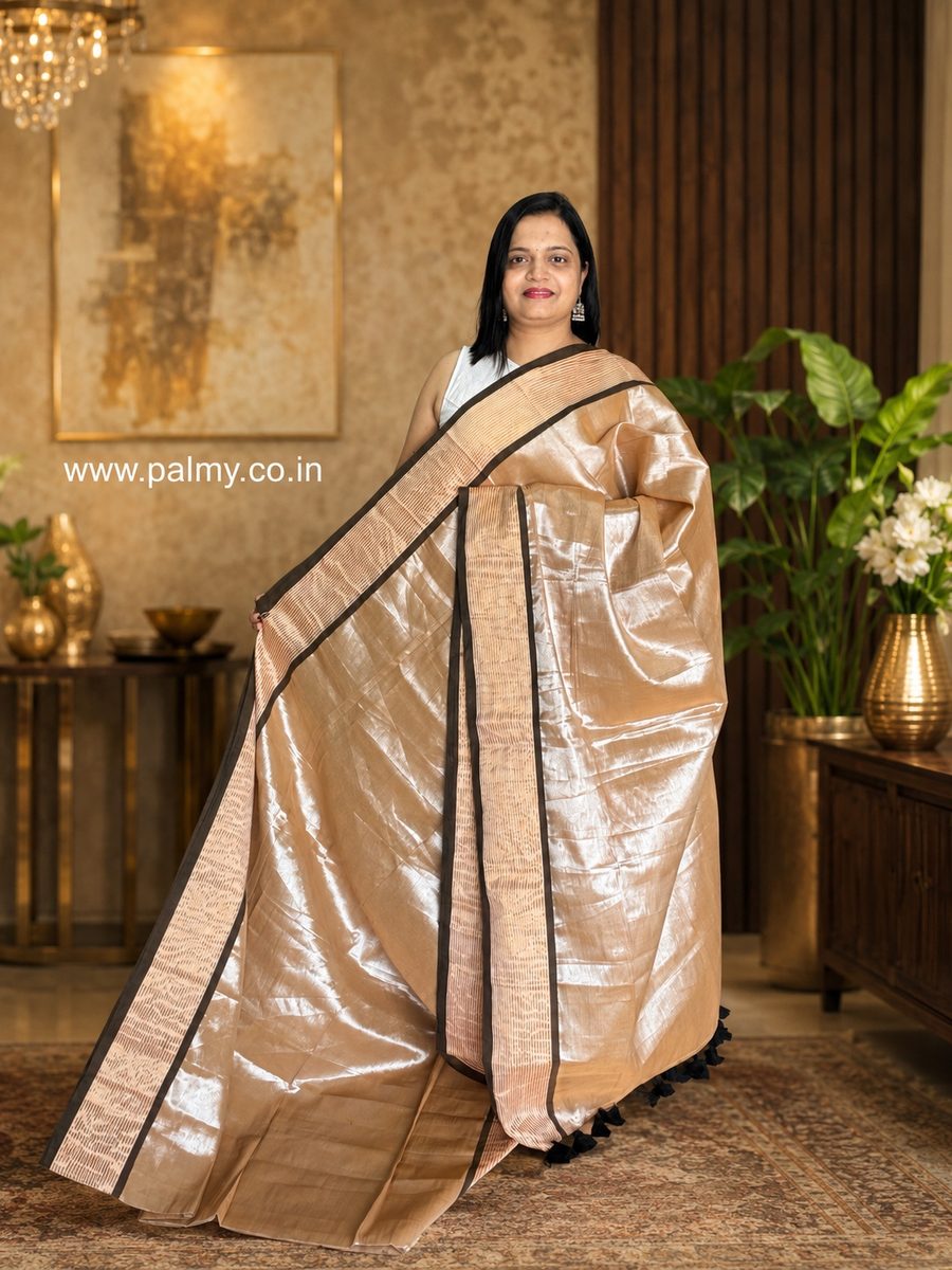Champagne Gold Tissue Cotton Saree with Coffee Brown Border by Palmy Sarees