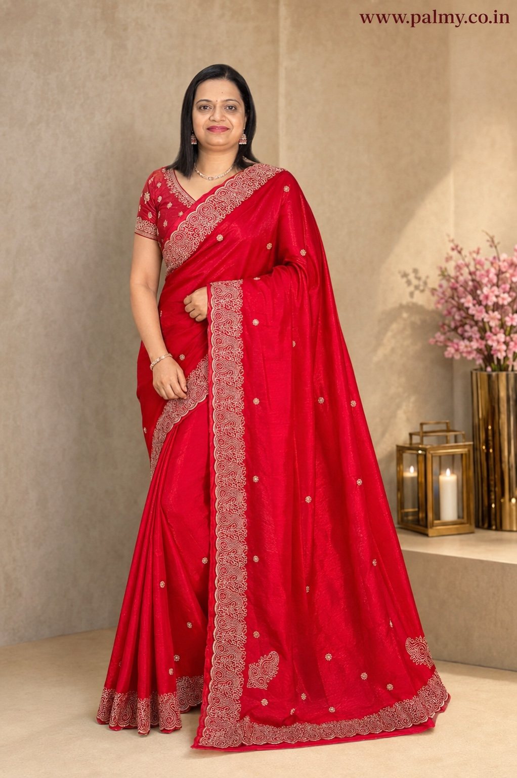 Cherry Red Dual Tone Fandy Silk Embroidered Saree