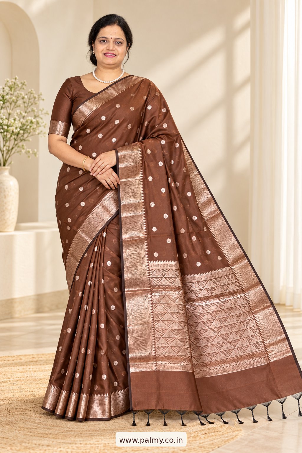 Chocolate Brown Banarasi Semi Katan Silk Saree with Gold Buttas & Designer Pallu