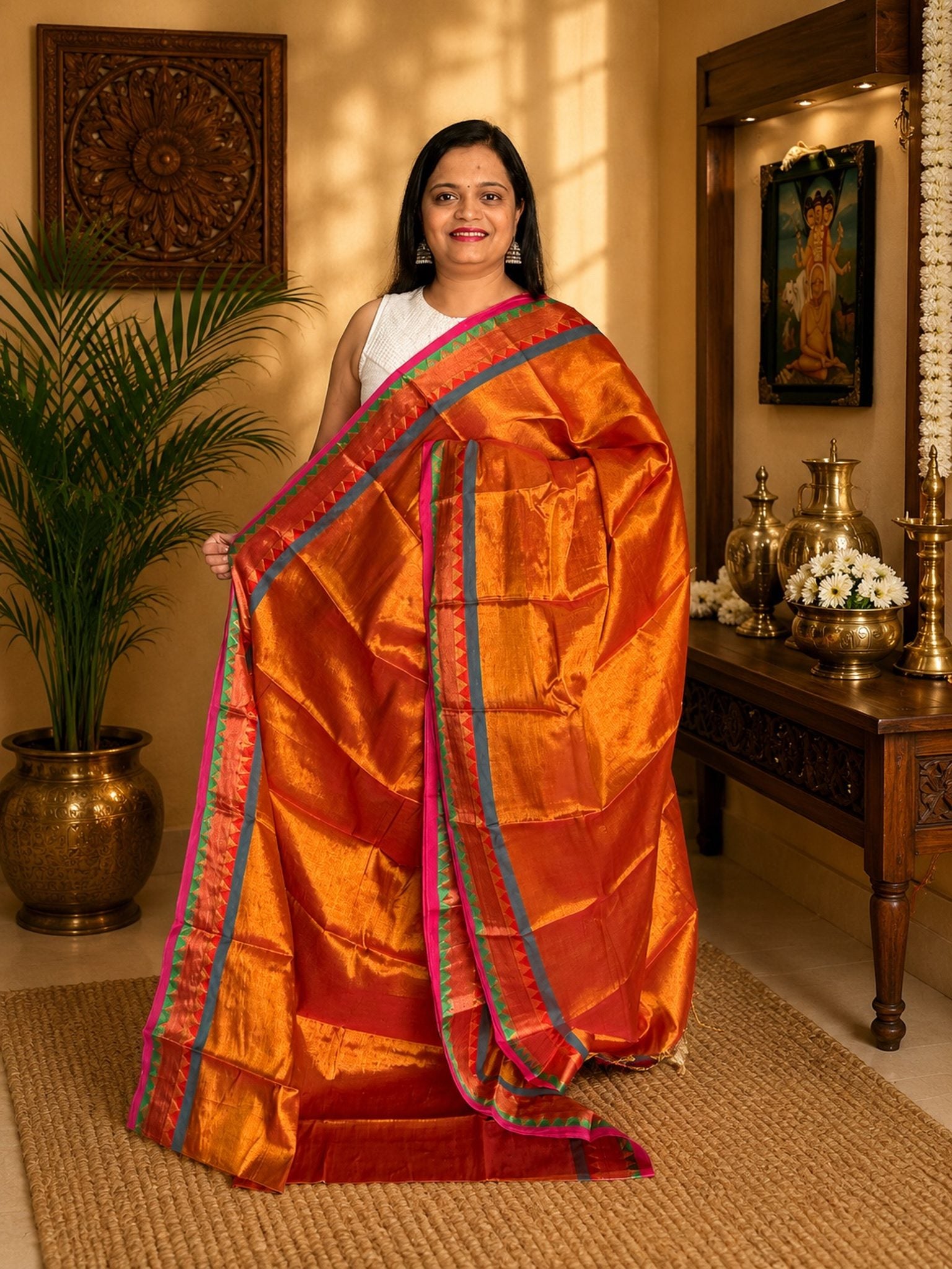 Copper Orange Soft Tissue Jacquard Saree with Multicolor Temple Border