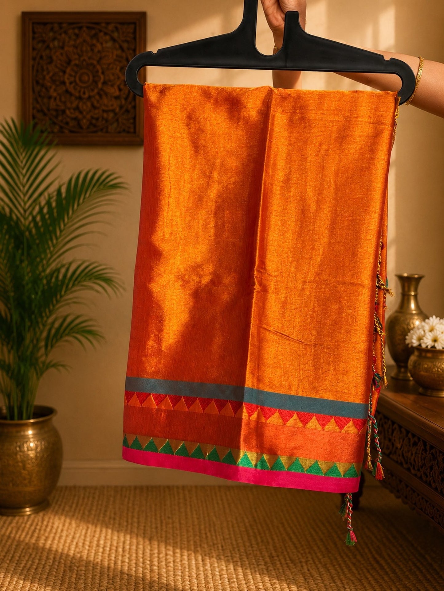Copper Orange Soft Tissue Jacquard Saree with Multicolor Temple Border Functional Wear