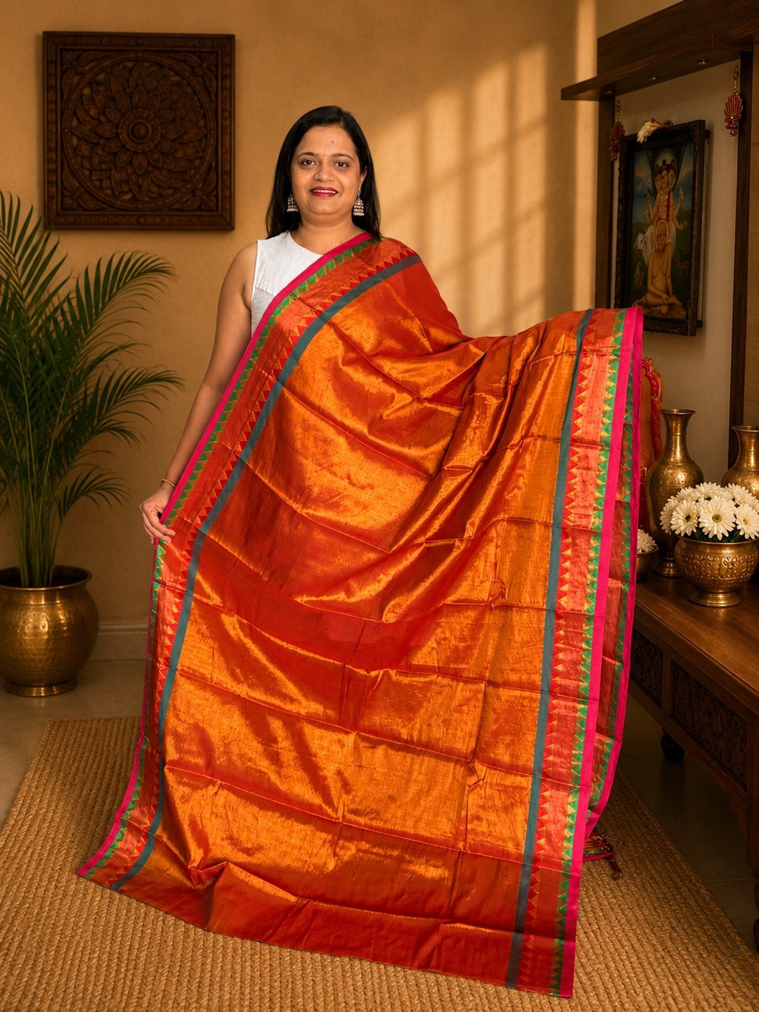 Copper Orange Soft Tissue Jacquard Saree with Multicolor Temple Border Party Wear