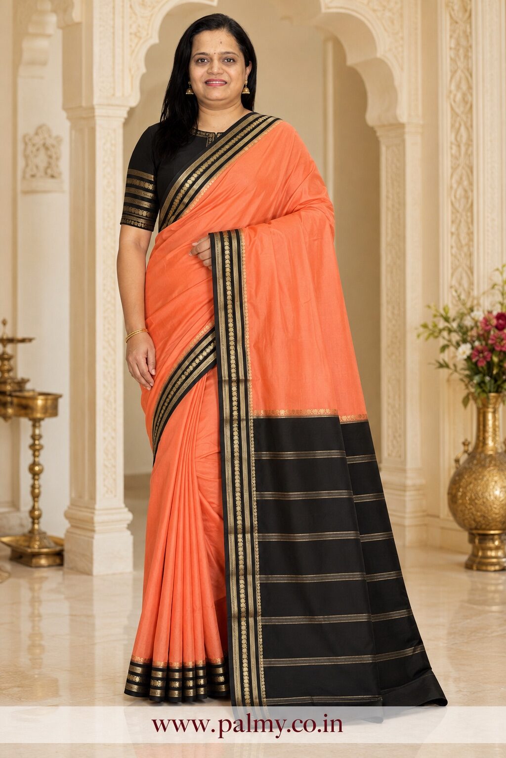 Coral Orange Mysore Silk Saree with Black & Antique Gold Border