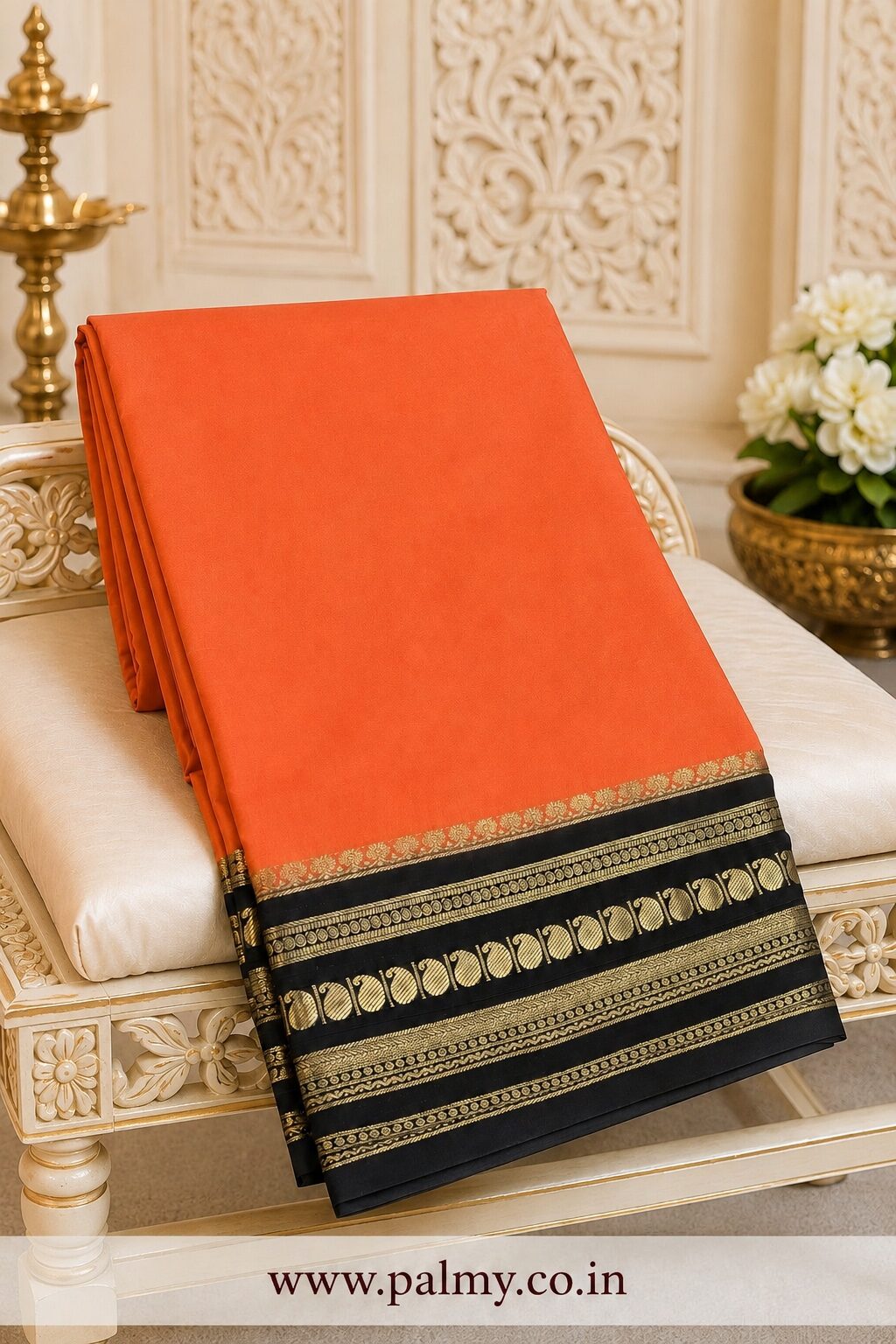 Coral Orange Plain festive wear South Indian saree online under 3000
