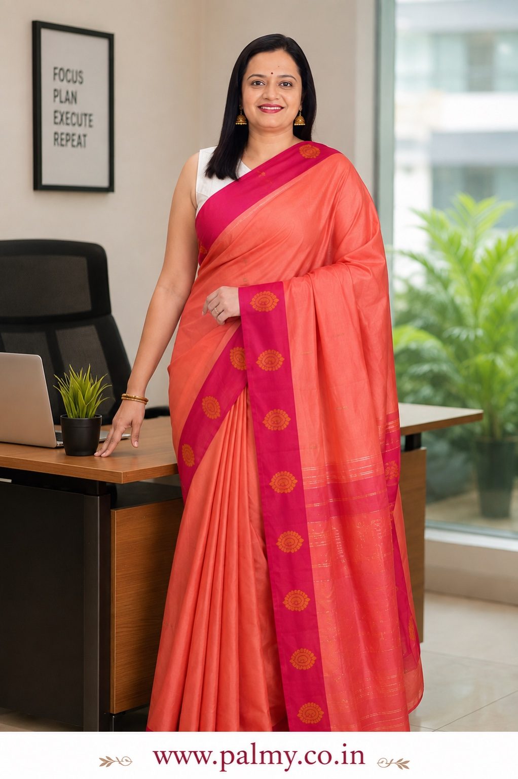 Coral Peach Arani Pattu Saree with Rani Pink Woven Border & Butti Design