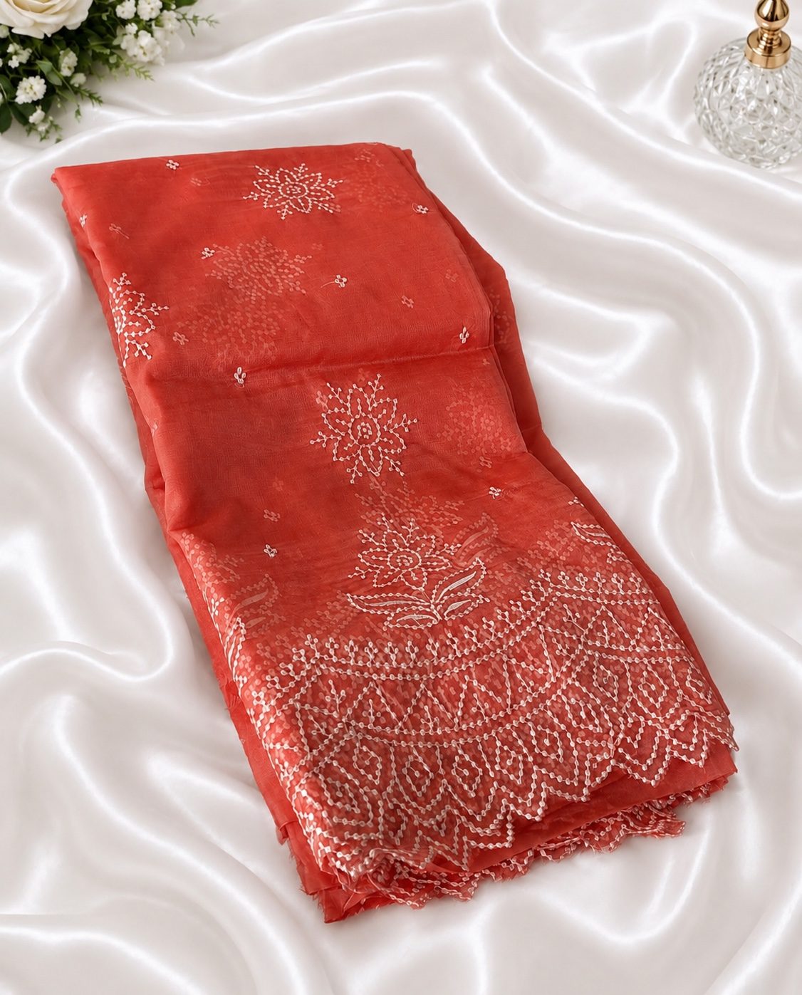 Coral Peach Banarasi Organza Silk Saree with Elegant Embroidery Work & Scallop Border