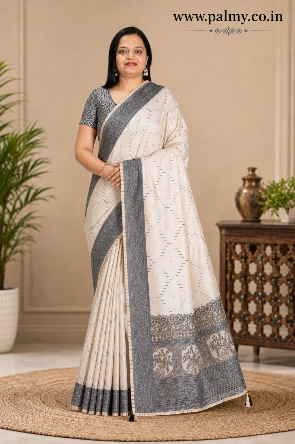 Cream Khadi Silk Saree with Charcoal Grey Woven Border & Tassels
