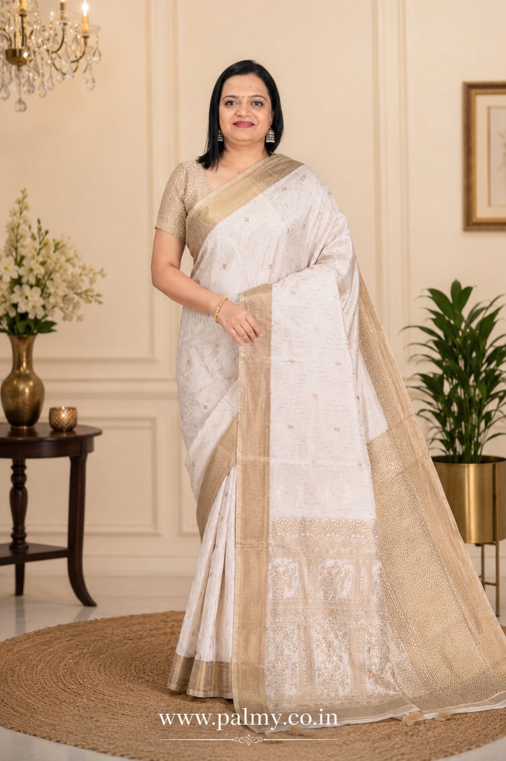 Cream Khadi Silk Saree with Golden Woven Border & Tassels